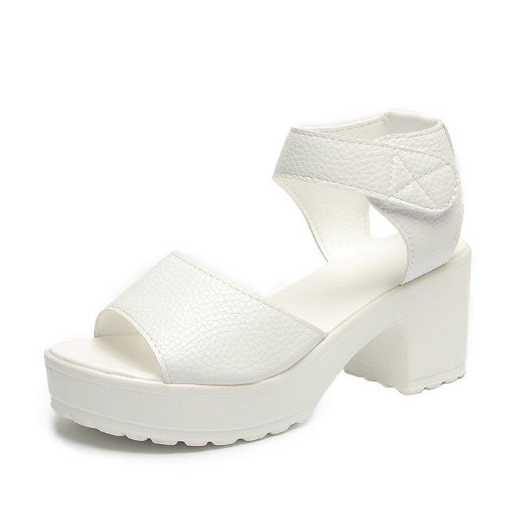 

Korean version of the new summer high-heeled women s shoes thick heel fish mouth muffin sandals waterproof platform thick-soled Roman sandals 35 белый