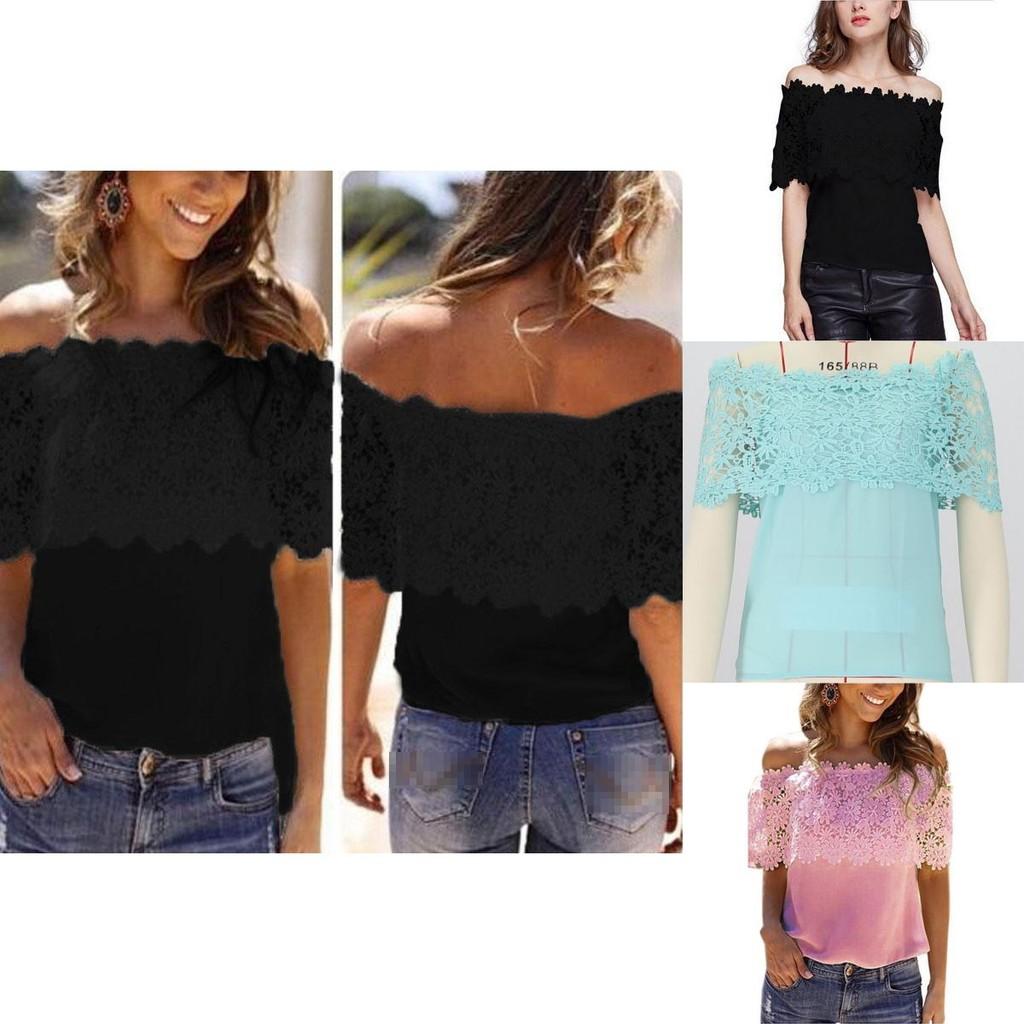 Elegant Women's Off-shoulder Short Sleeve Lace Hollow Casual T-shirt Blouse For Summer Outings
