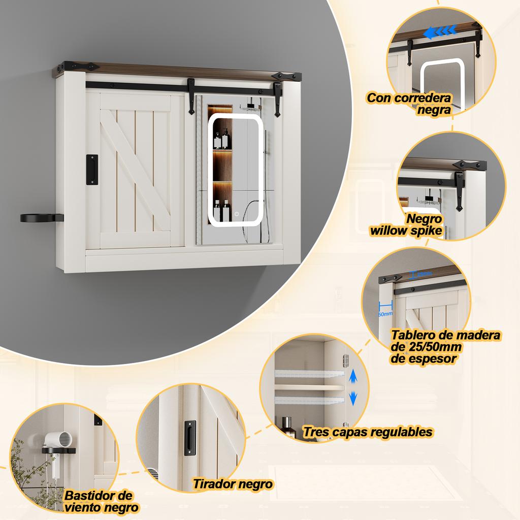 With Sliding Door 3-color Light Adjustment, Anti-fog LED Mirror Cabinet Farmhouse Bathroom Mirror Cabinet for Bathroom Bedroom