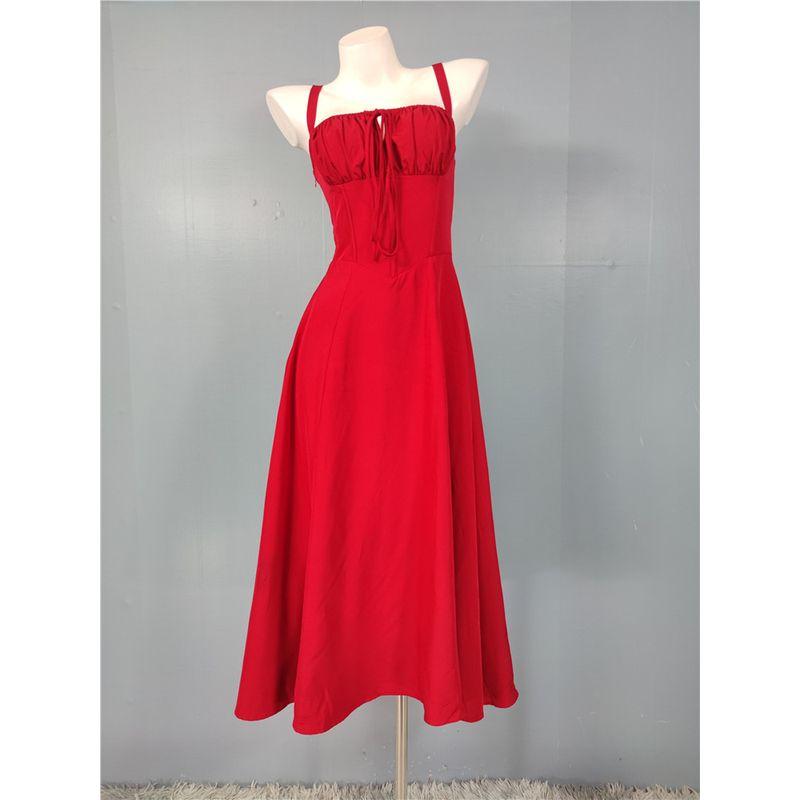 

Летнее Новое Ретро Чайное Платье С Разрезом На Шнуровке Подчеркивающее Талию Миди-платье Юбка для Отпуска Платье на Бретелях Французский стиль На шнуровке Red X L