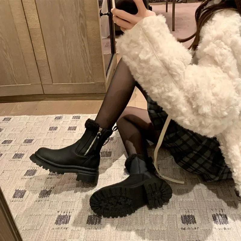 Fashion Shoes for Women Chunky Round Toe Womens Snow Boots Platform Elegant With Medium Heels 39 Gyaru Spring 2025 Protective New In Hot