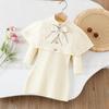 2025 New Autumn Korean Style Cape Knit Dress 2 Piece for Kids Clothing Set Bowknot Long Sleeve Dress Set