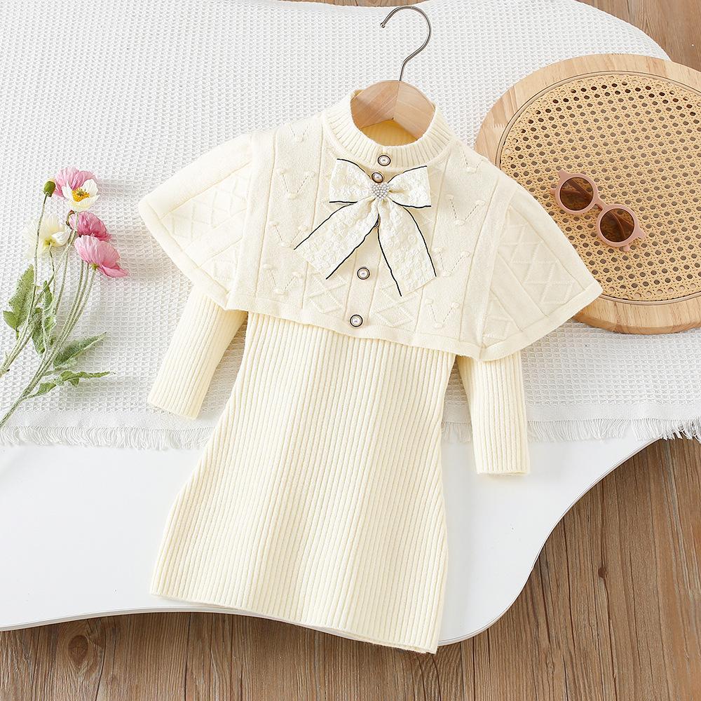 2025 New Autumn Korean Style Cape Knit Dress 2 Piece for Kids Clothing Set Bowknot Long Sleeve Dress Set