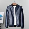 Men Fall Winter Coat Smooth Faux Leather Windproof Stand Collar Long Sleeve Solid Color Zipper Closure Pockets Mid Length