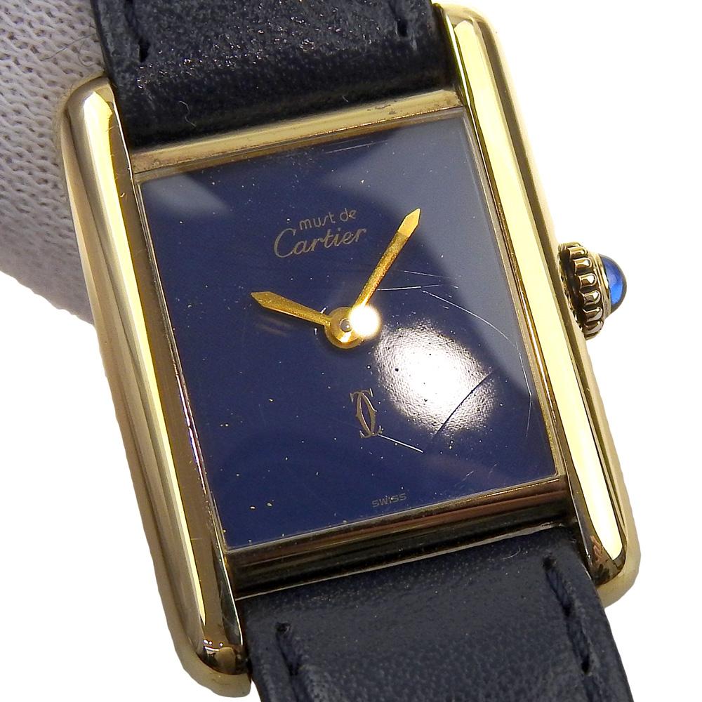 CARTIER Must tank Watches Vermeille 1970s Lapis blueDial Silver925/Embossed Leather Hand Winding Women Used