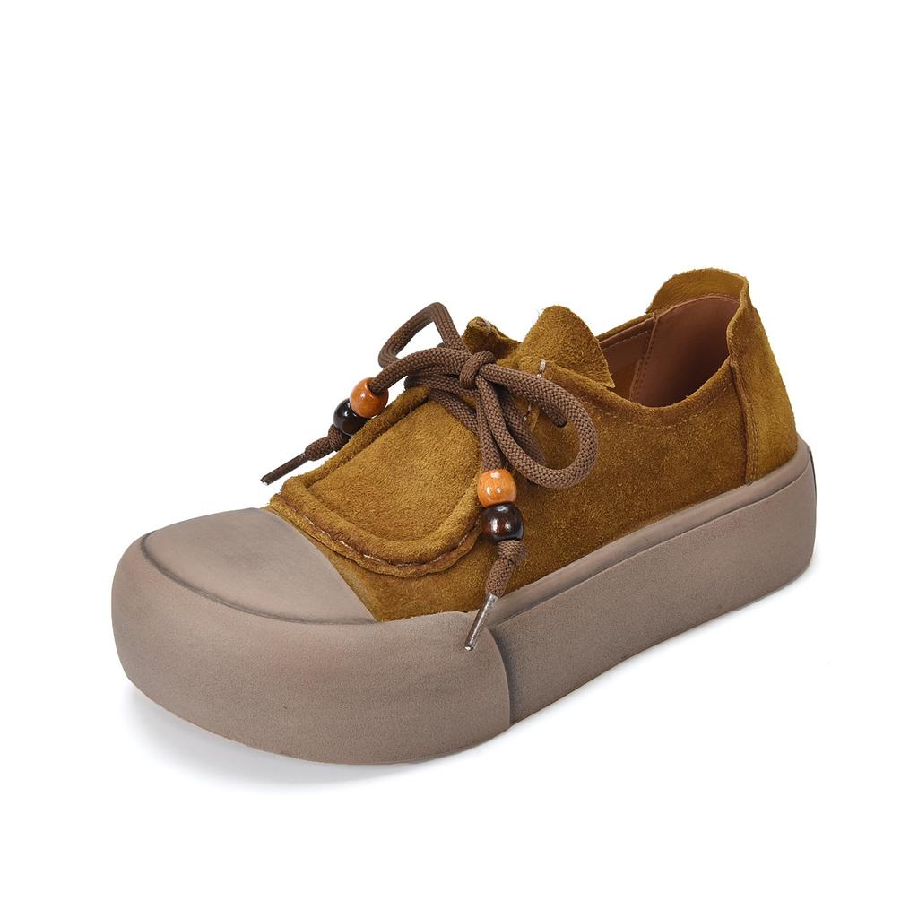 Johnature Genuine Leather Thick Sole Women's Shoes Round Toe Lace-up Versatile Casual Flat Platform Shoes