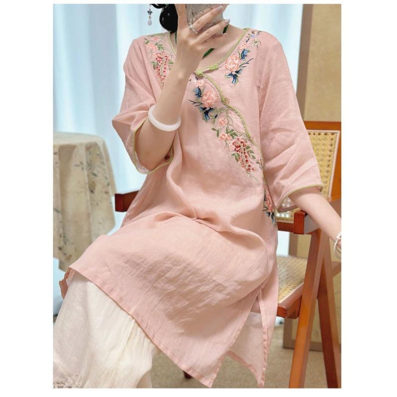 Women New Chinese Style Floral Embroidery Linen Dress Round Collar Frog Button Three-quarter Sleeve Casual Loose Fit Midi Dress
