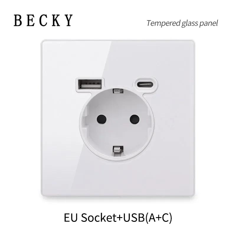 Glass Wall Touch Switch EU UK Standard 16a Socket Large Panel Wall Light Single Live Line White Switch USB TypeC Socket 110v250v