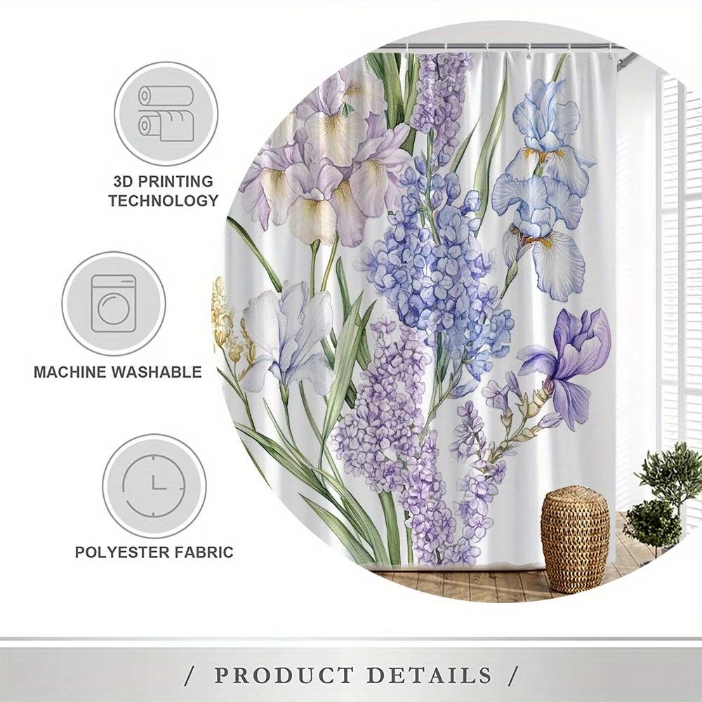 ~O~Lavender Iris & Forget-Me-Not Shower Curtain - Pale Lavender Irises, Blue Forget-Me-Nots, White Lilies,  Anti-Fade Polyester