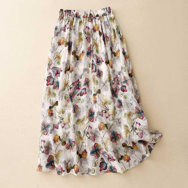 Spring and Summer New Cotton and Linen Printed Dress Women's Thin Literary and Retro Waist Thin Floral Skirt