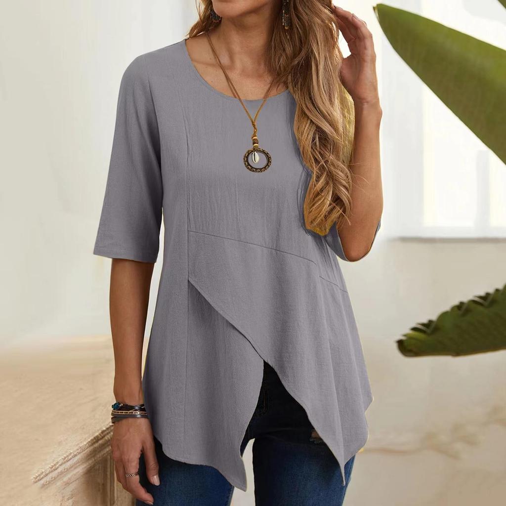 Pull Printemps Été Automne Col Rond Coupe Ajustée Manches Mi-longues Coton Lin T-shirt