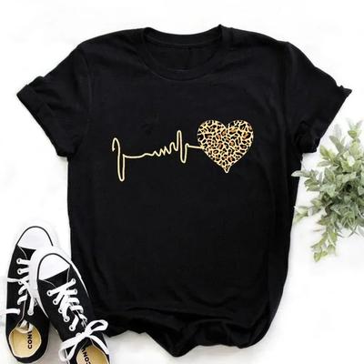 Sommer Neu 90er Leopard Herzschlag Kurzarm Print Kleidung Damen T-Shirt Harajuku Grafik Kleidung Damen Top Dropship