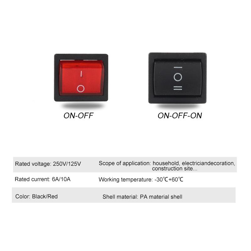 5PCS 24*21mm 4/6 Pin 2/3 Position 6A/10A 250V/125V ON-OFF/ON-OFF-ON/ON-ON Electric Power Switch Rocker Switch Red /Black