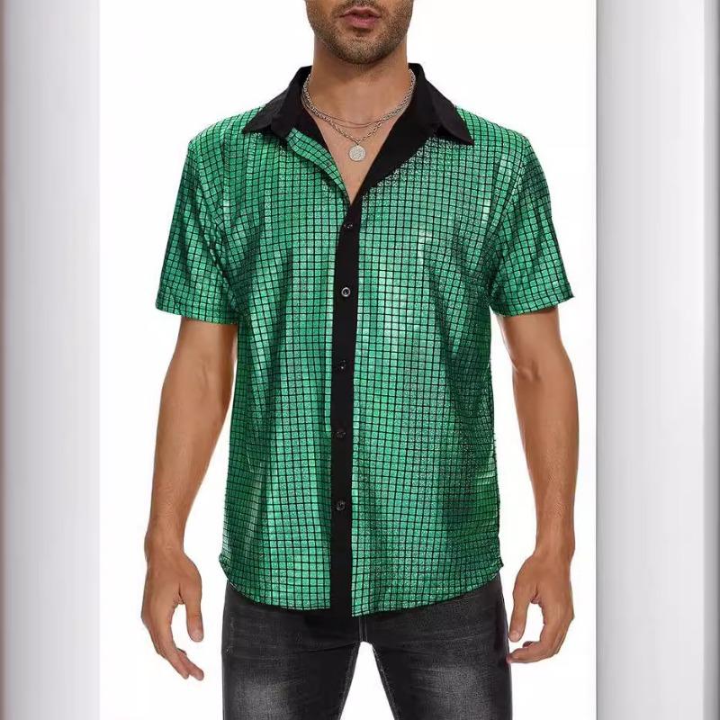 Mens Rainbow Sequins Plaid Short Sleeve Button Down Party Shirt