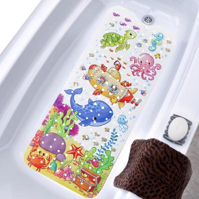 100 x 40 cm Cartoon-Badewannenmatte mit Meerestieren und Abflusslöchern mit Saugnapf, rechteckige rutschfeste PVC-Matte fürs Badezimmer, maschinenwaschbar, Bodenmatte für Kinderbadewanne und Dusche
