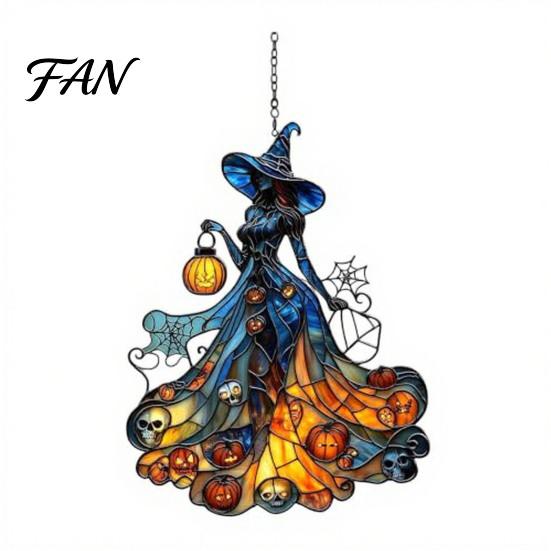 Acrylic Witch Hanging Art Suncatcher, Stained Glass Effect Window Car Ornament, Gothic Scary Decorative Sun Catcher with Pumpkin Lantern for