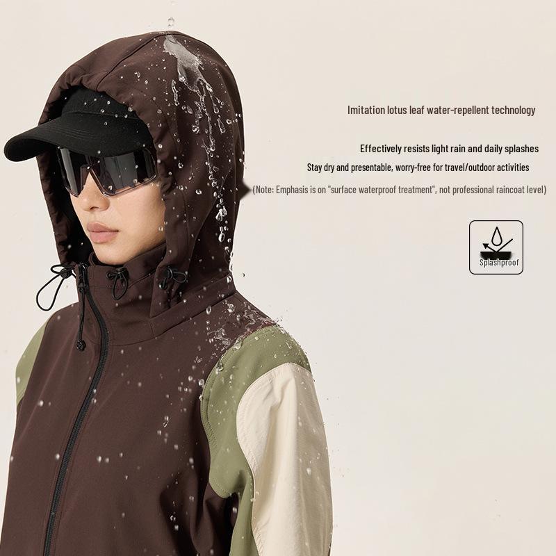 Colorblock Water-Repellent Softshell Jacket with Elastic Hem and Fleece Lining
