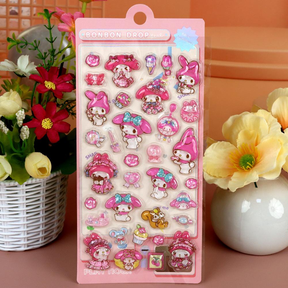 2026 Cute Cartoon Sanrio 3D Relief Stickers Aesthetic Kawaii Kuromi My Melody Cinnamon Anime Decals Crystal Decoration Sticker