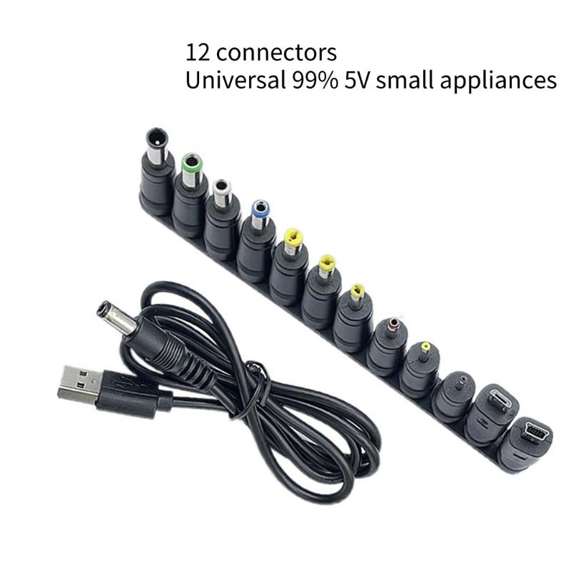 USB to DC5.5x2.1mm 5V Charging Cord Universal Power Cable with 12 Connector Adapters for Multiple Electronic Devices