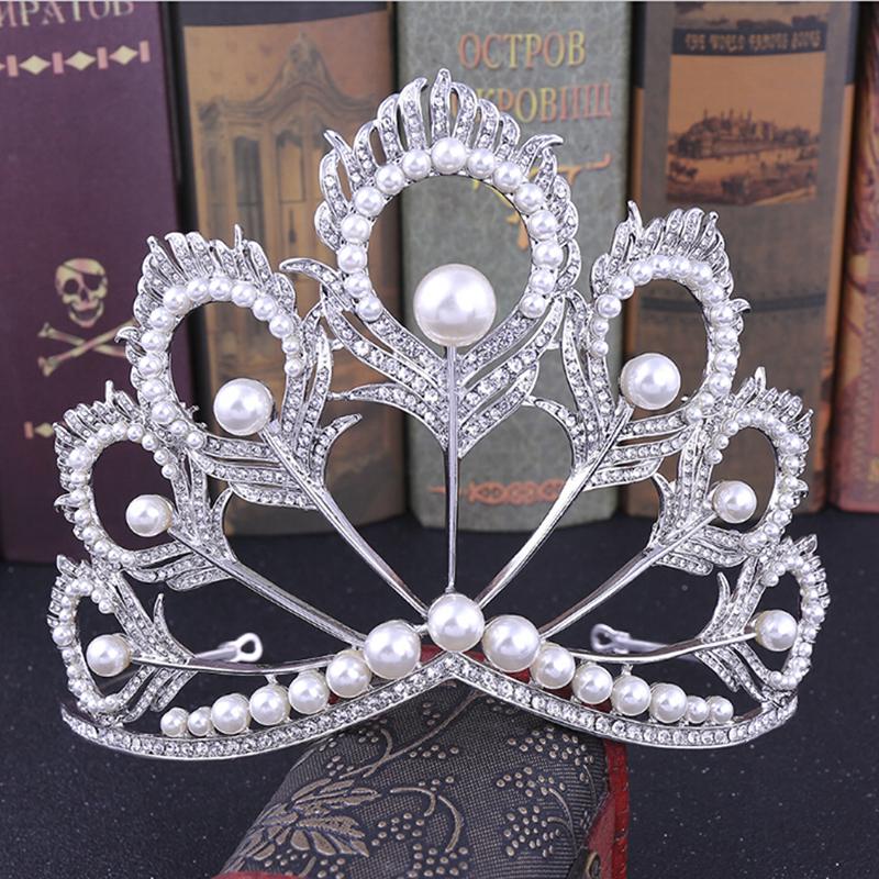 Tiara de Mireasă Perlată Handmade Coroană Mare de Păr Diademă pentru Petrecere/Concurs