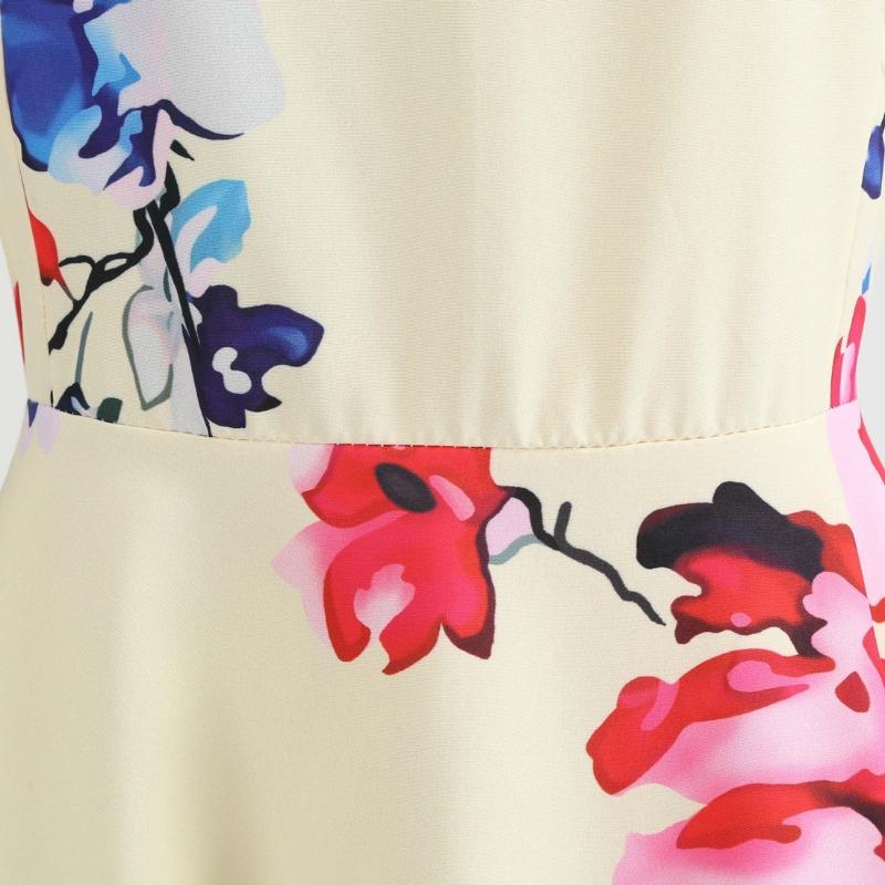 Summer Vintage Women's Crew Neck Bag Sleeve Flower Print Dress