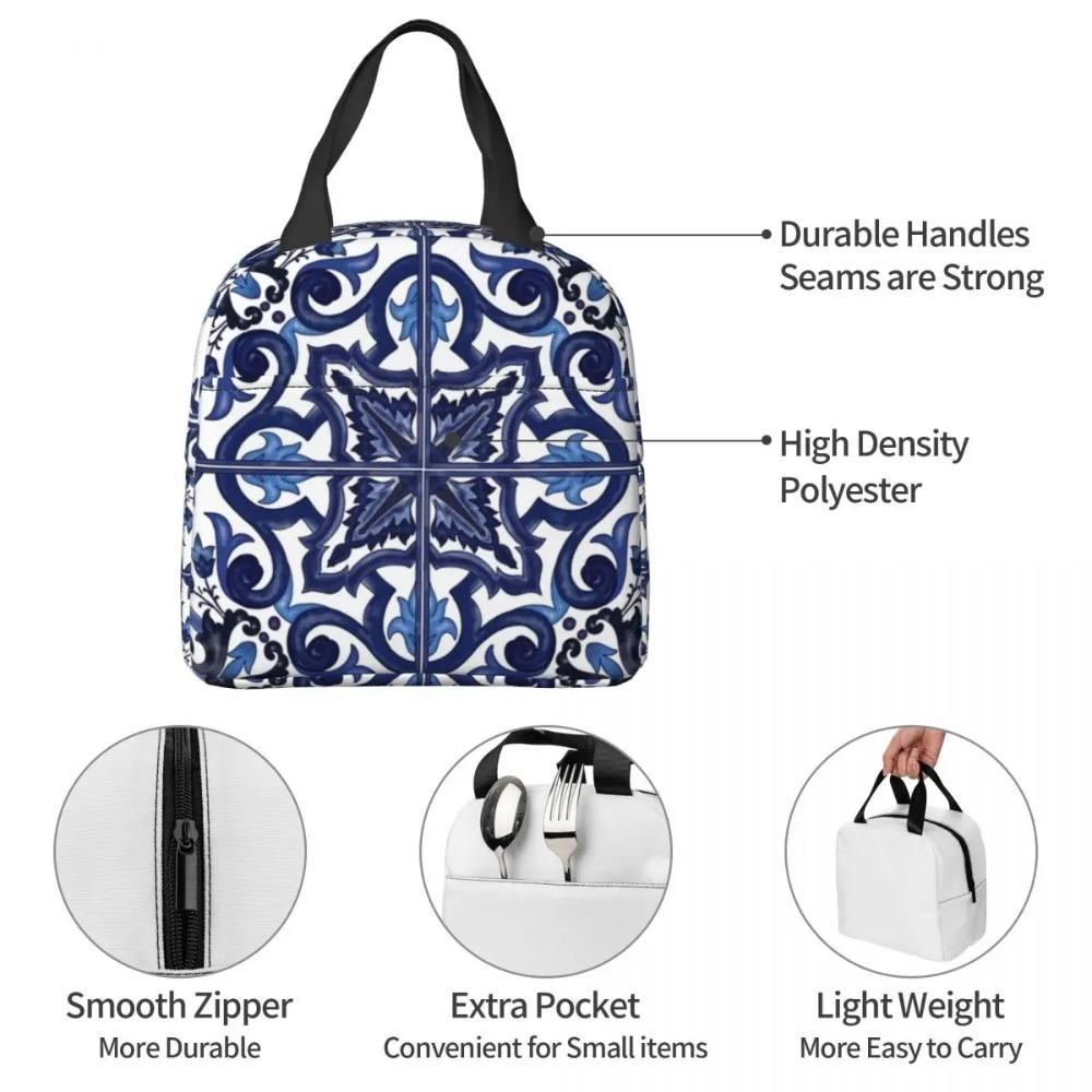 Blue Ornate Floral Mediterranean Sicilian Tile Insulated Lunch Bag for Kids School Cooler Thermal Food Box Tote Leakproof