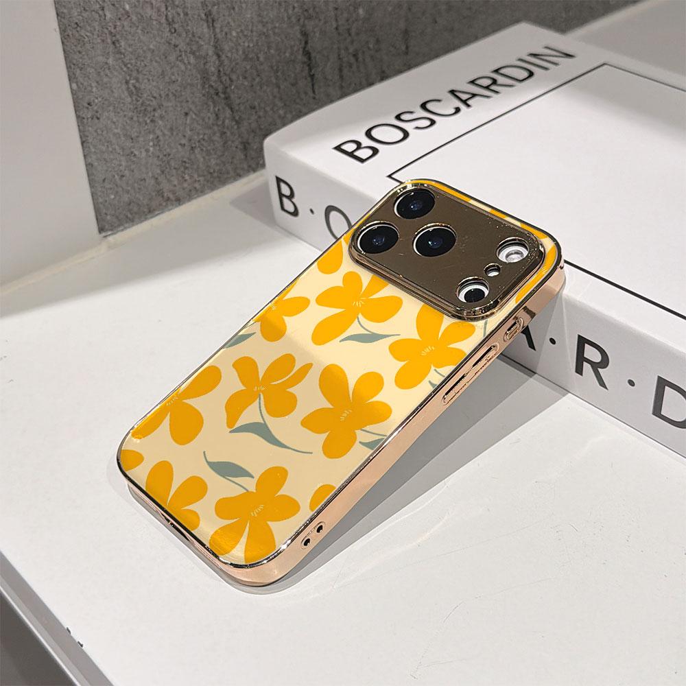 Lucky Start Phone Case For iPhone 17 16 15 14 13 12 11 Pro Max 16E Gold Electroplated Glass Shell Sunny Blossoms Cover