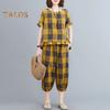 Women's 2 Piece Lounge Set Casual Plaid Plus Size Short Sleeve Top And Tracksuit Pants Set Summer Loose Outfit