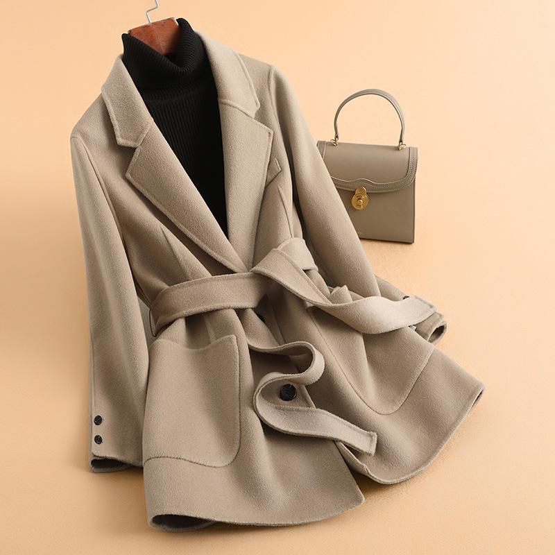 Autumn new wool coat women's fashion double-sided woolen coat lace-up medium and long coat coat