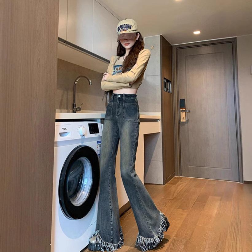 

Women s Retro High-Waisted Micro-Flare Jeans - Autumn 2024 Slimming Tassel Hem XL