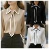 Womens Solid Color V-Neck Long Sleeve Blouse Elegant Office Shirt Cotton Blend Workwear