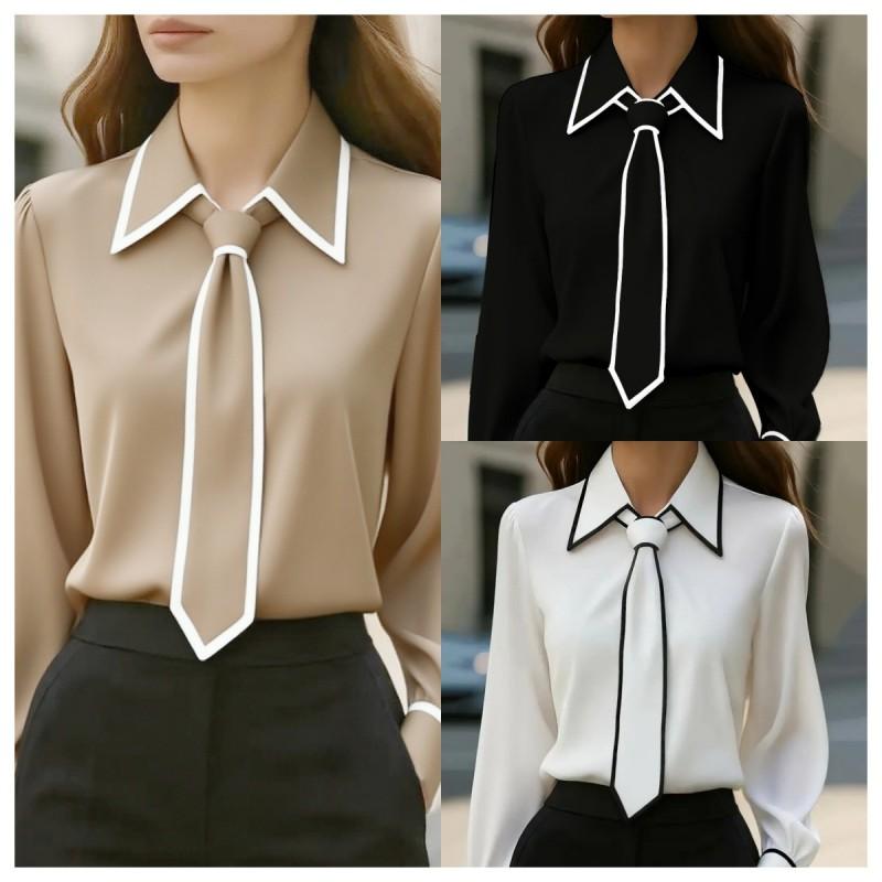 Womens Solid Color V-Neck Long Sleeve Blouse Elegant Office Shirt Cotton Blend Workwear