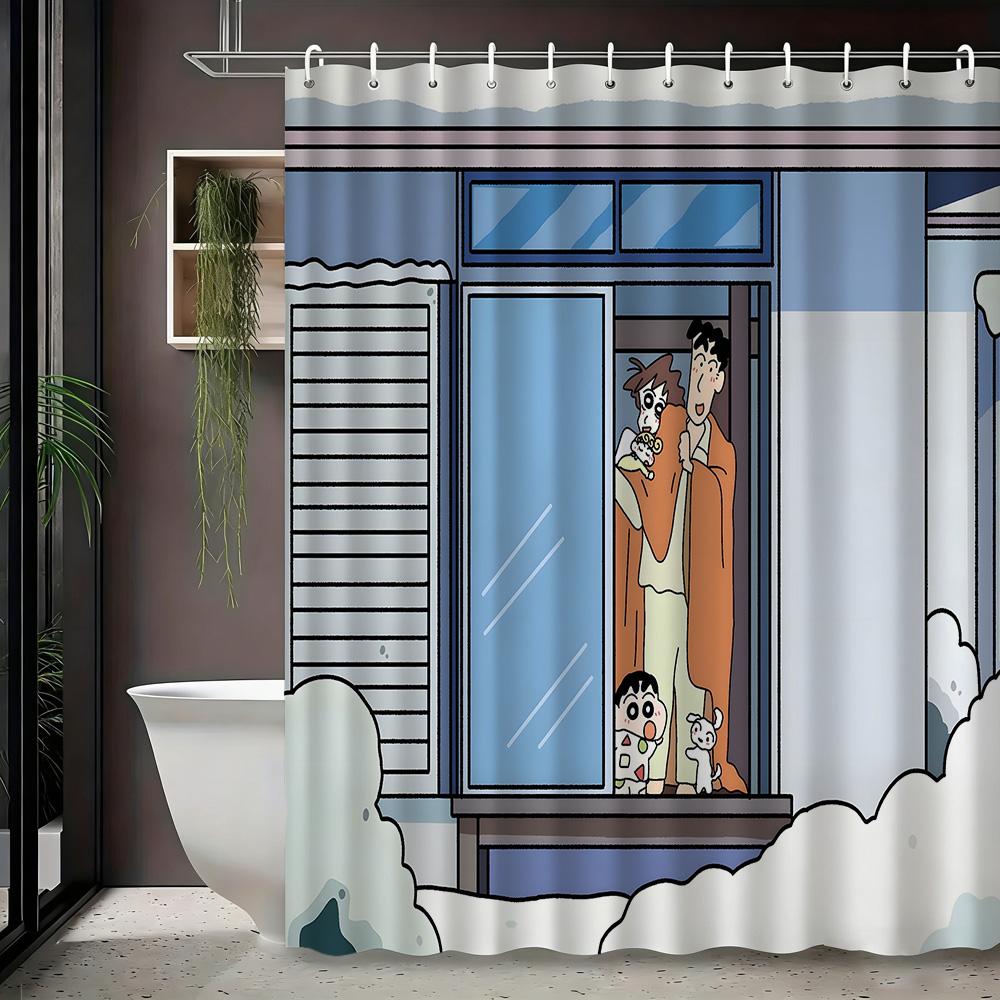 Crayon Shin-Chan & Friends & Shiro Night Forest Firefly Adventure Scene 2D Print Waterproof Shower Curtain, Mysterious Purple &