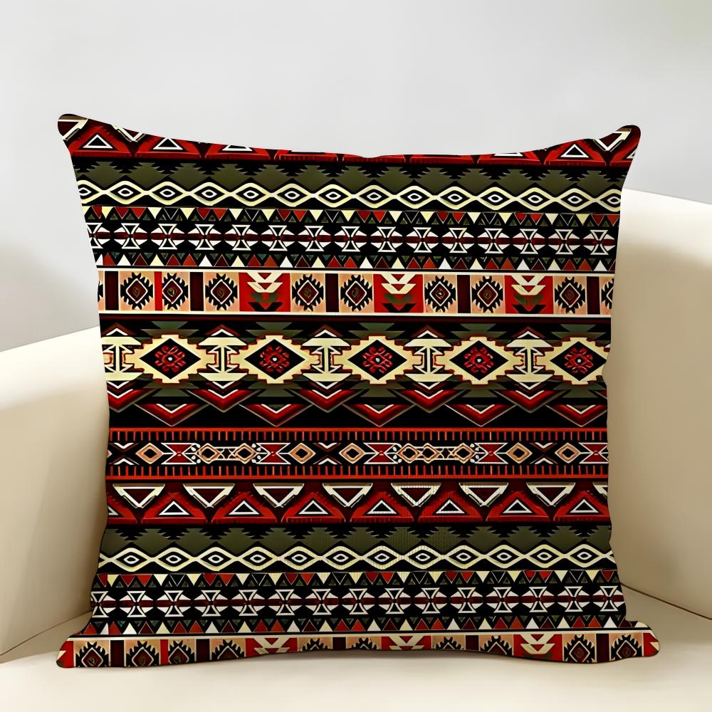 Red Bohemian Style Cushion Cover Natural Linen Organic Fabric Double-Sided Printing Breathable Perfect For Home Decor