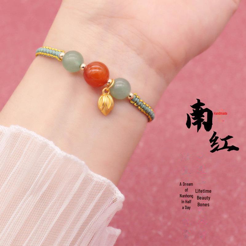 Hand-Woven South Red Agate Bracelet - Original Chinese Style, Simple Red Rope Design for Women and Couples