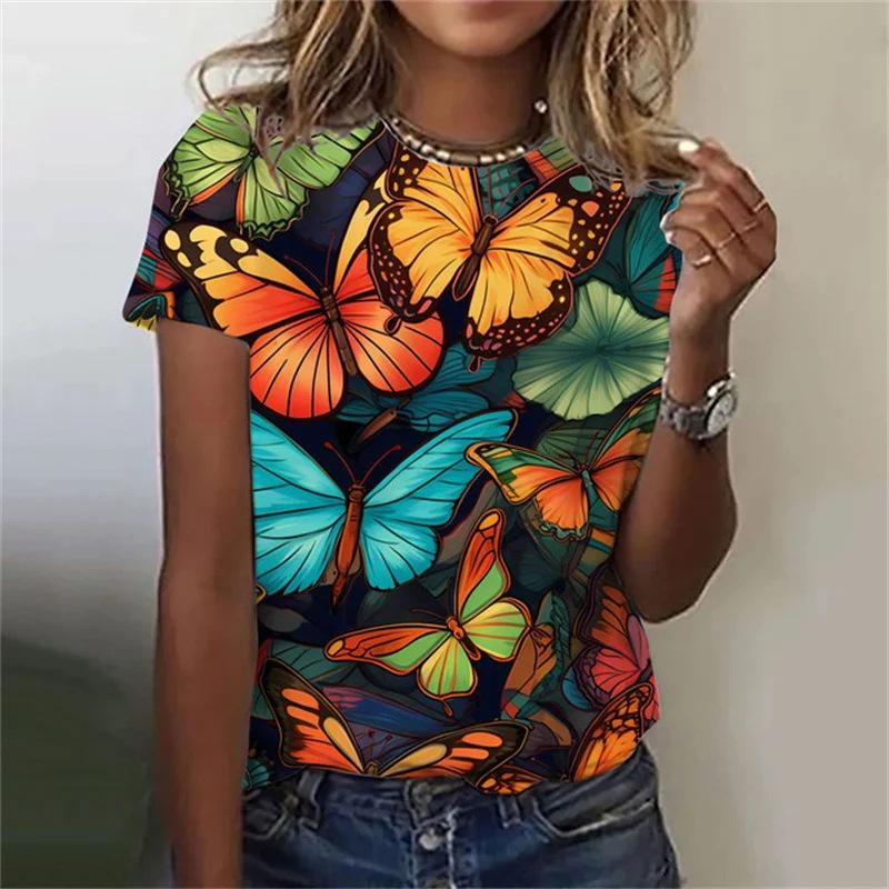 Summer Round Neck Butterfly Pattern 3D Print Top Fashionable Casual Short Sleeved Women's T-shirts