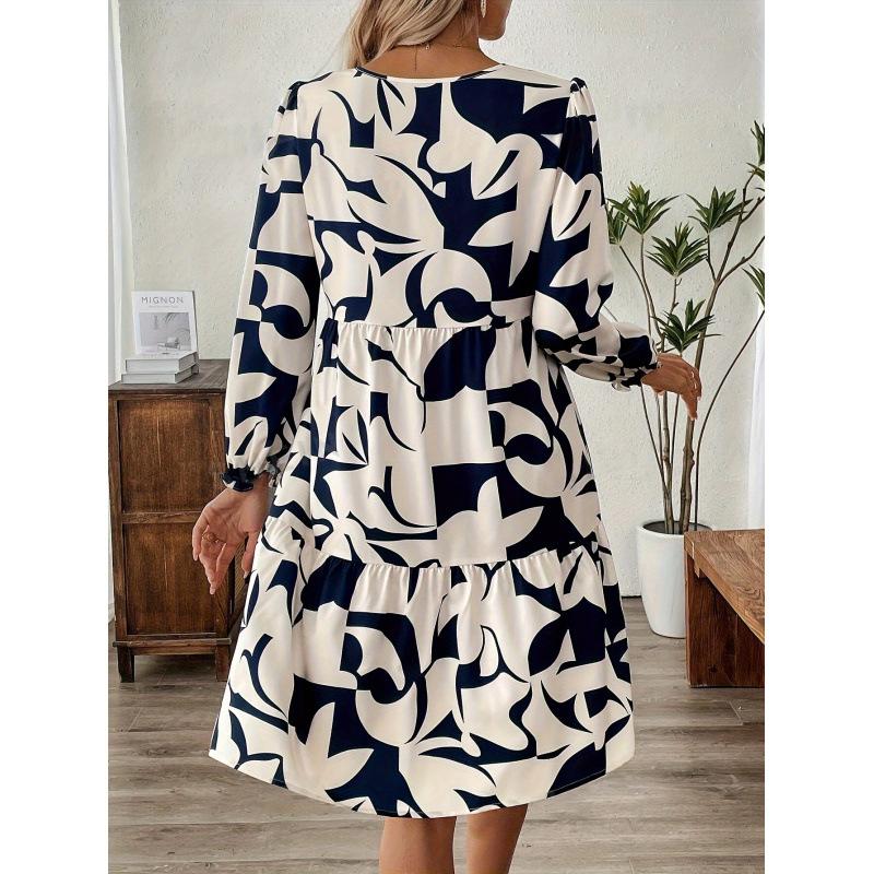 European and American Women's Mid-skirt Printed Round Neck Long-sleeved Commuter Dress