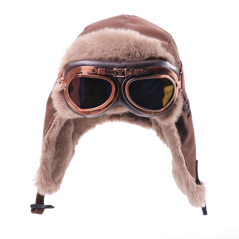 Winter Fleece-lined Aviator Hat With Goggles Retro Pilot Cap Warm Ear Protection Unisex