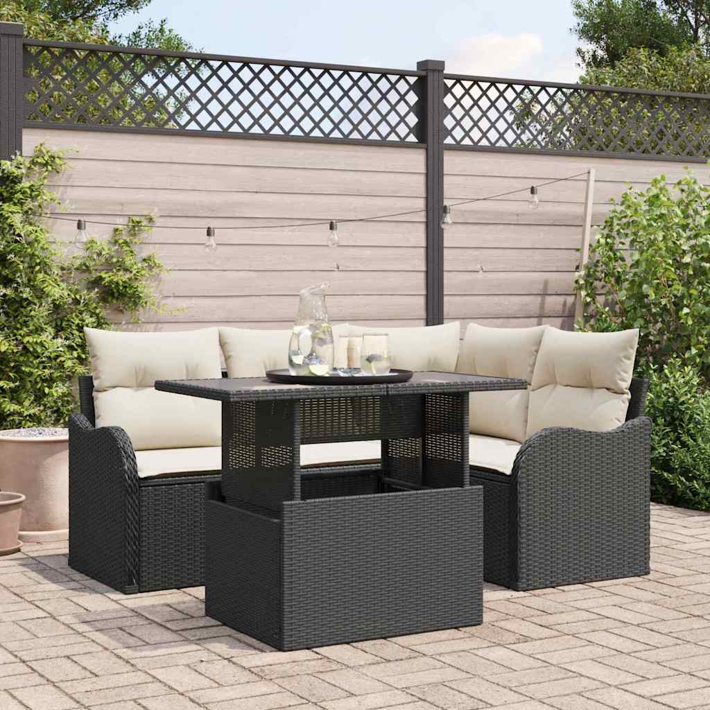 Garden Sofa Set with Cushions 5 pcs Black Poly Rattan