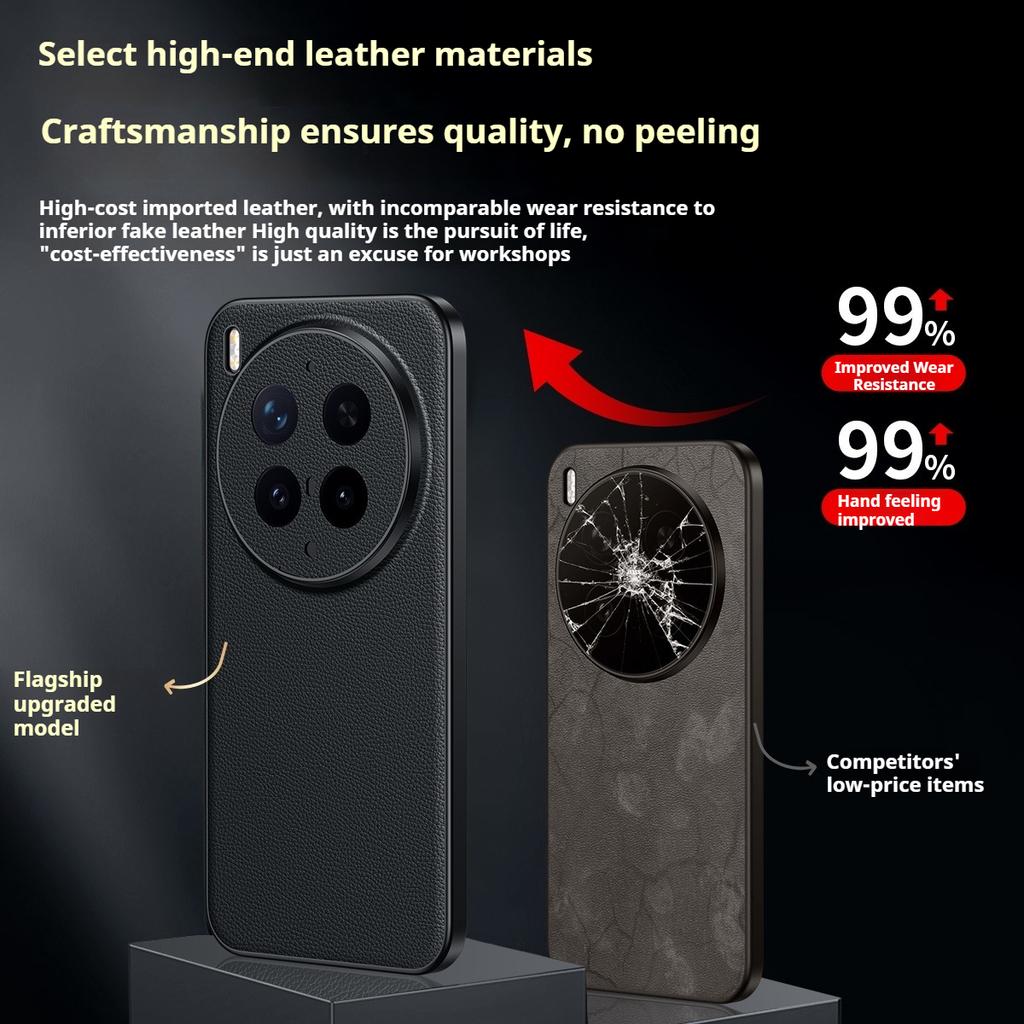 Litchi Pattern Cowhide Leather Slim Phone Case for X300 Ultra X300s X200 Pro X100s X100 Camera Lens Bumper TPU+PC Back Cover