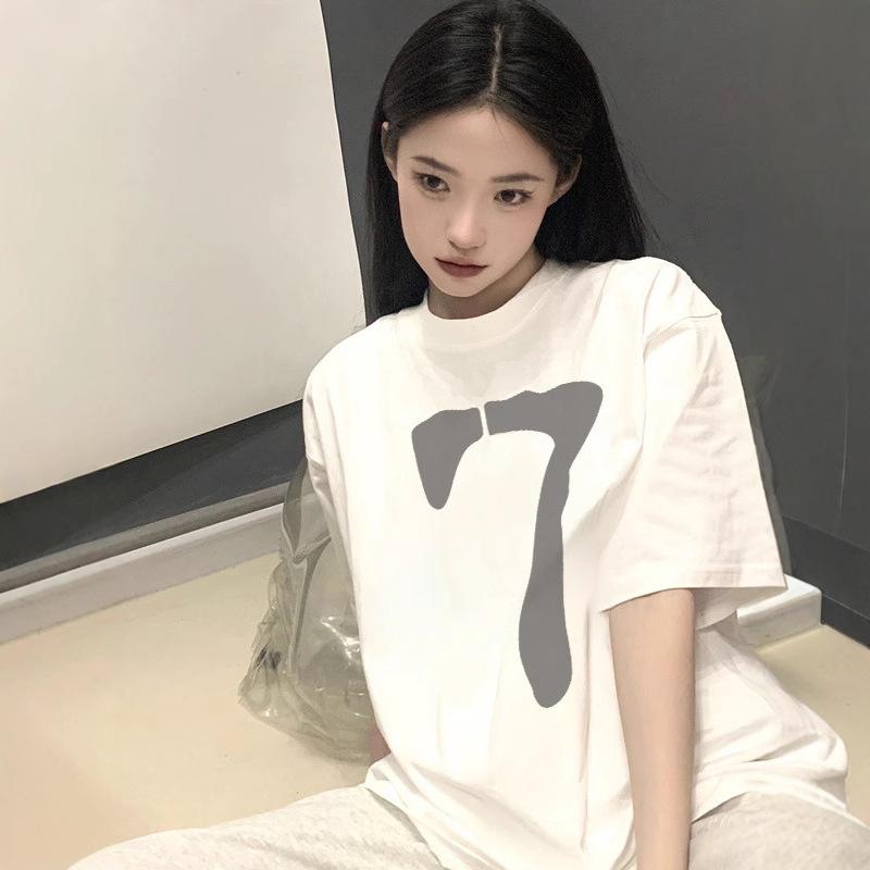

American retro black short-sleeved t-shirt women s summer new design sense niche couple large size loose and thin top 3xl (recommended 85-95kg ) білий