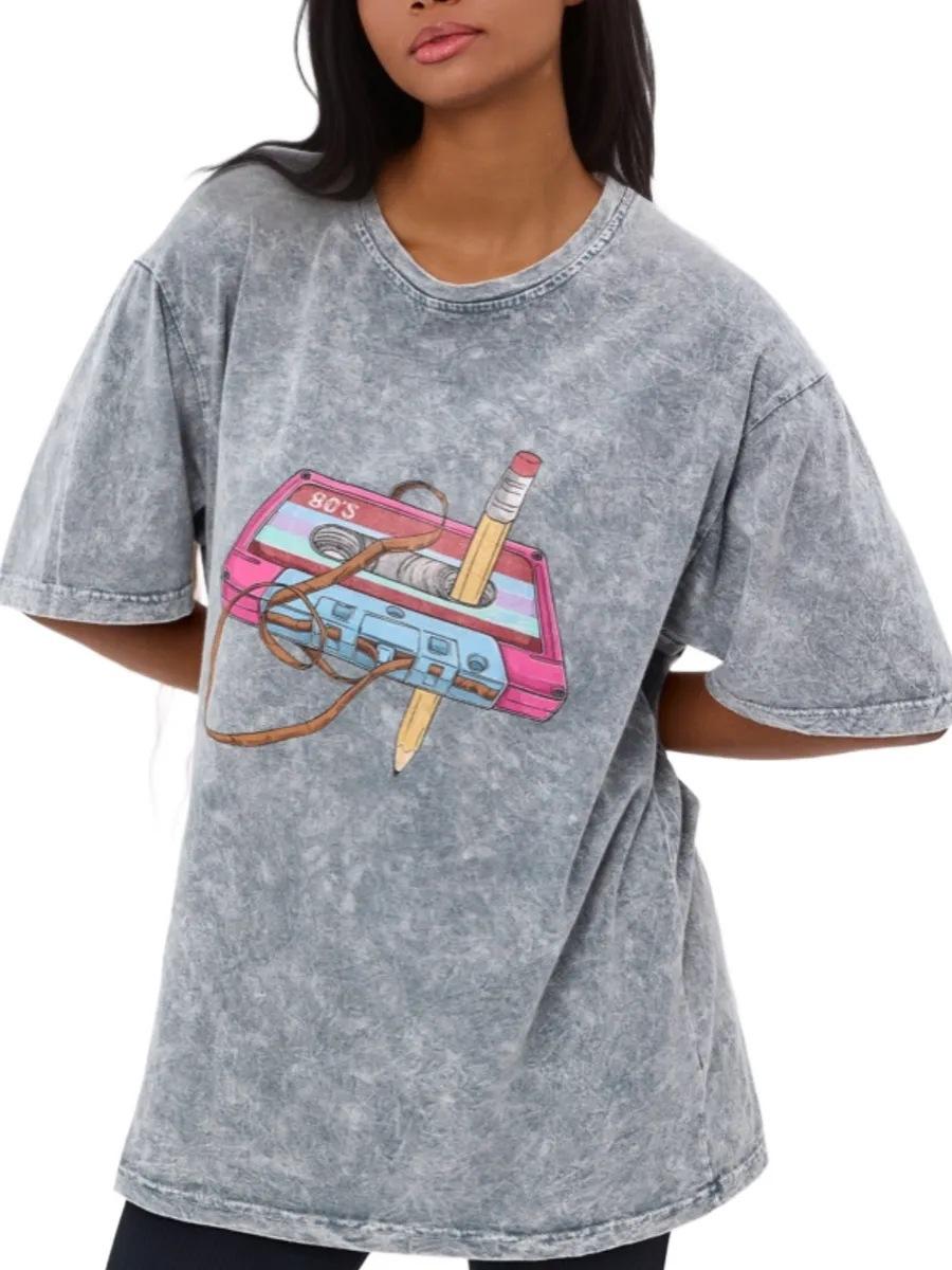 American retro temperament casual sweet ins style print% pure cotton old washed t-shirt commuter trend top M