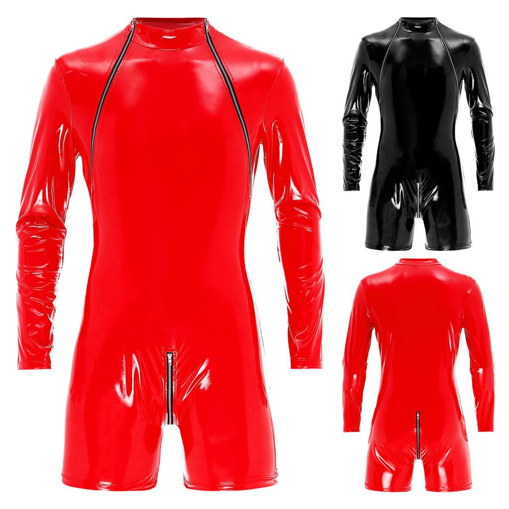 Mens Solid Shiny Latex PVC Leather Slim Fit Jumpsuits Long Sleeve Zipper Leotard Clubwear Costume