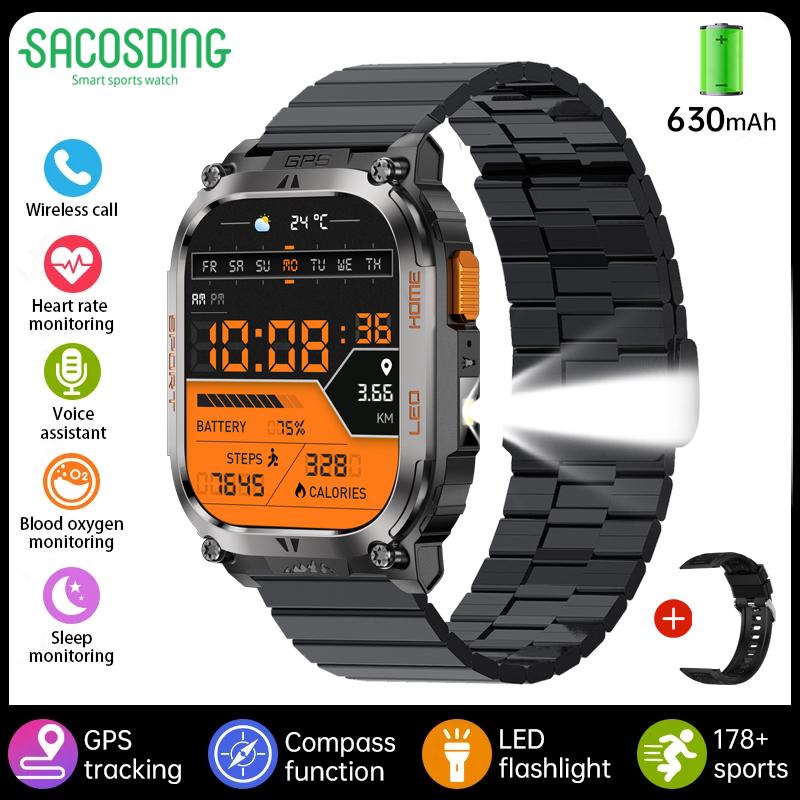 SACOSDING GPS Tracker Smart Watch IP68 Waterproof 2.01-inch HD Display Compass 630mAh Battery Heart Rate BT Call Outdoor Sport Smart Watch