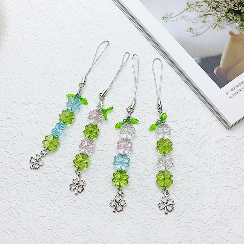 Y2K Lucky Grass Phone Charms For Women Girls Cute Four-Leaf Clover Beaded Keychain Bag Pendant Decoration Gifts