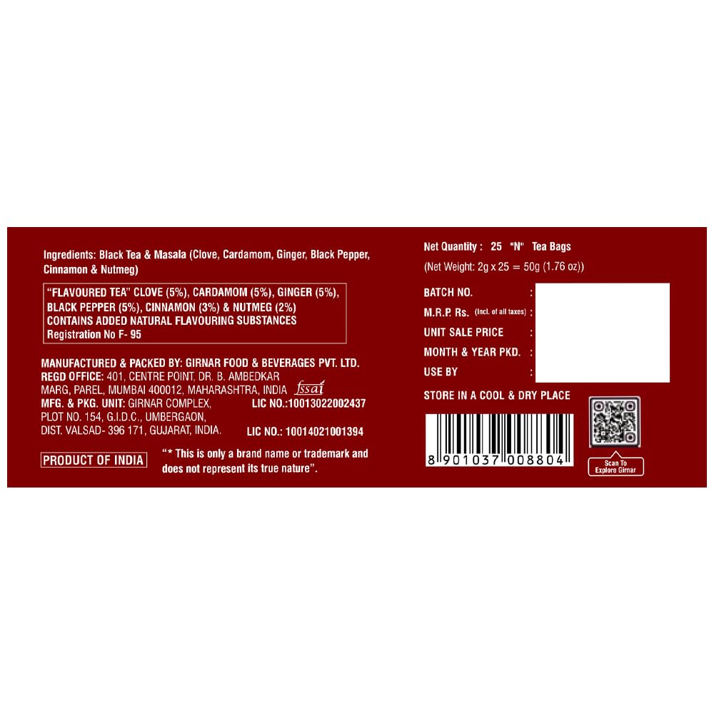 Girnar Kesari Masala Tea Ginger Flavored 25 Tea Bags High Caffeine Aromatic Indian Spices