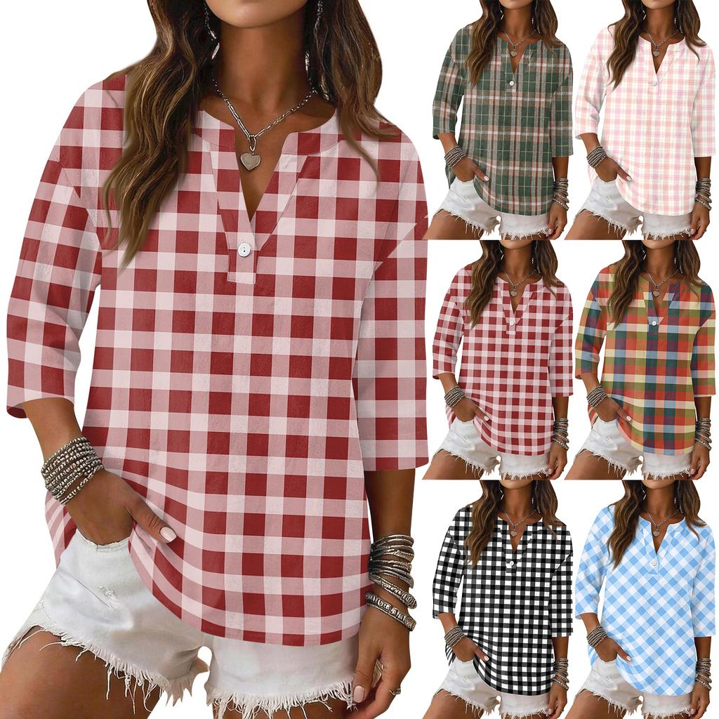 Women Casual V Neck Button Front Plaid Checkered Three Quarter Sleeve Shirt Linen Cotton Blend Top