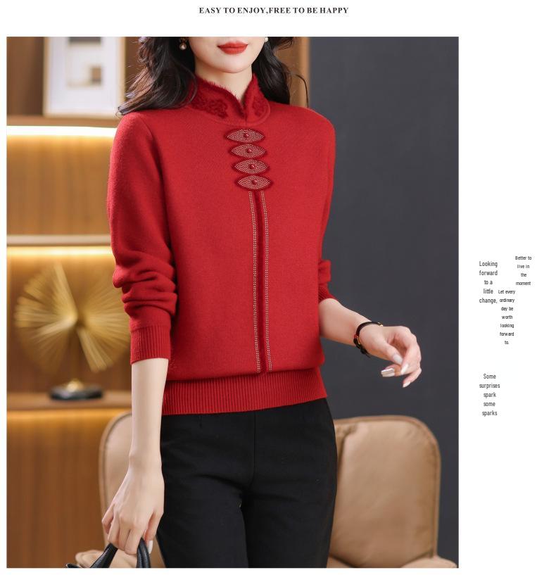 Autumn/Winter Velvet Cheongsam Collar Sweater for Middle-Aged Women - Warm, Stylish Red Top