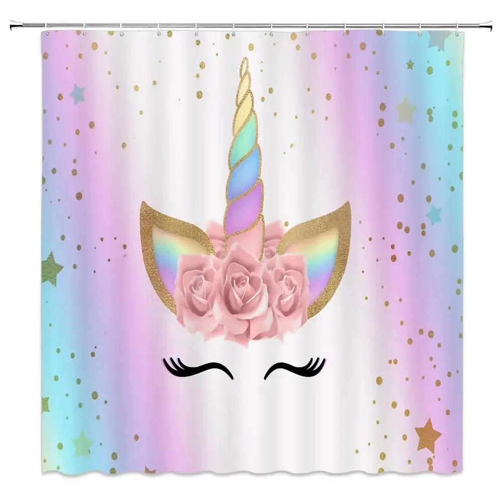 

Unicorn Shower Curtain Rainbow Magic Head Rose Flower Romantic Cute Girl Baby Kid Pink Cartoon Bathroom Curtains Decor Polyester W60H190(CM)-1 Pcs