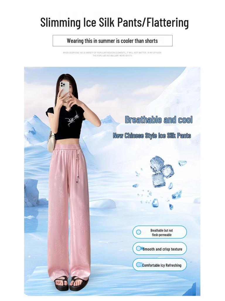 Damen Sommer Jacquard Satin Eis Seide Weitbein Hose